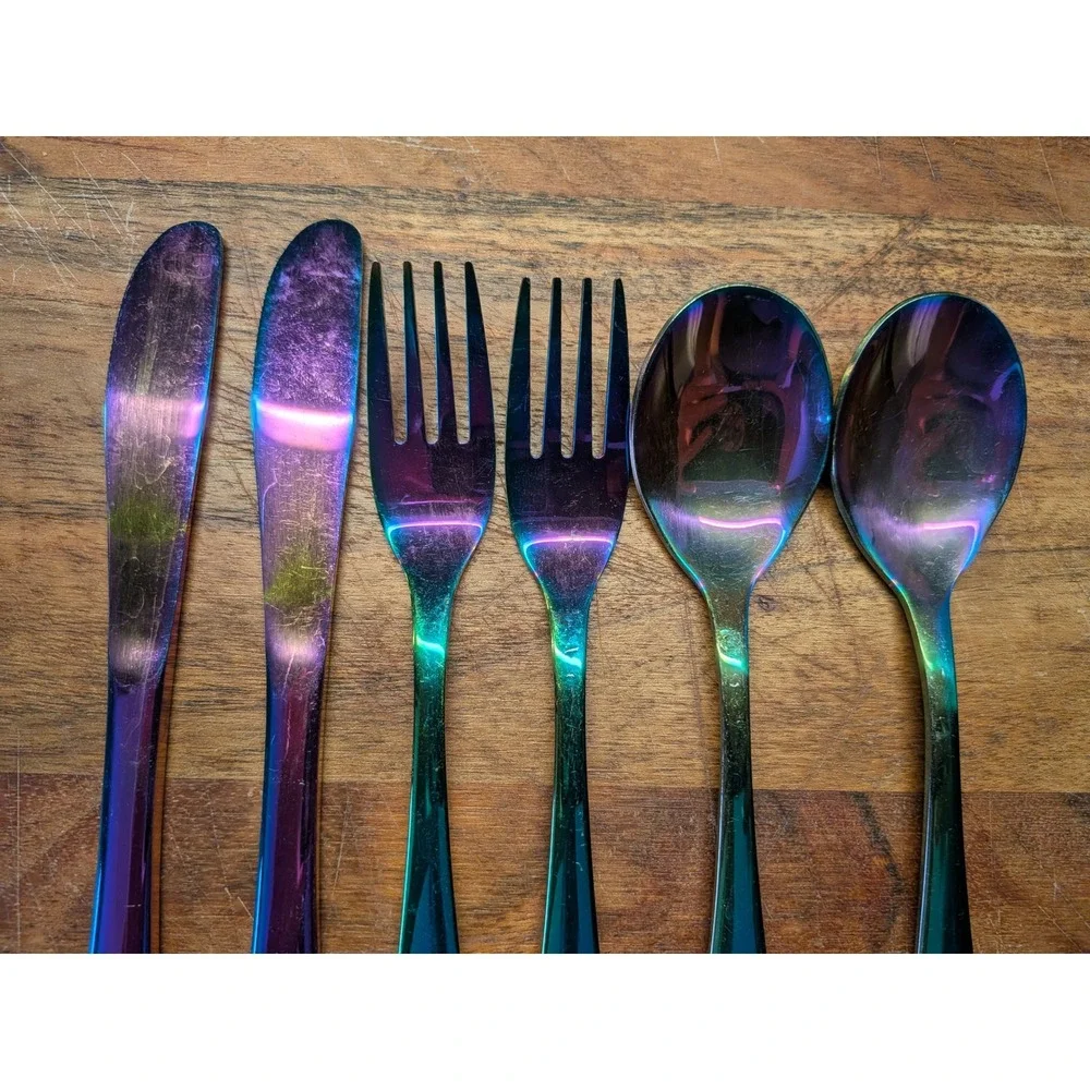 Rainbow Iridescent Teddy Bear Flatware‎ Set 6pc Stainless Steel 18/0 Oil Slick